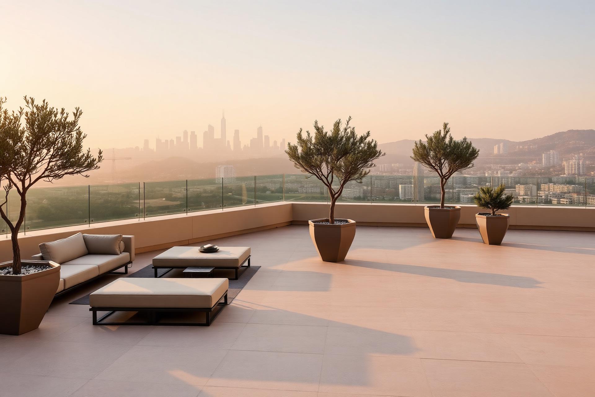 Luxury rooftop terrace with porcelain pavers and modern outdoor seating at golden hour